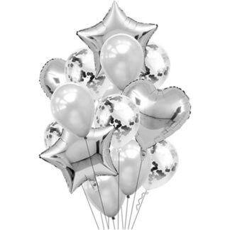 Серебряное облако из 14 шаров с конфетти и звездами