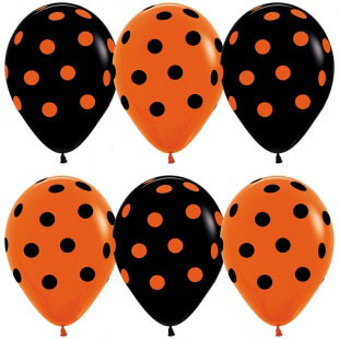 Латексный шар 30 см, Чёрные/оранжевые точки, чёрный/оранжевый, пастель