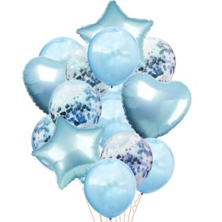 Голубое облако из 14 шаров с конфетти и звёздами
