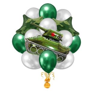 Облако шаров милитари Бело-зелёное с танком