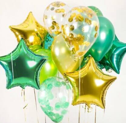 Воздушные шары золотые и зелёные Конфетти