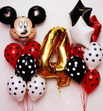 Композиция гелиевых шаров на день рождения с цифрой «Микки»