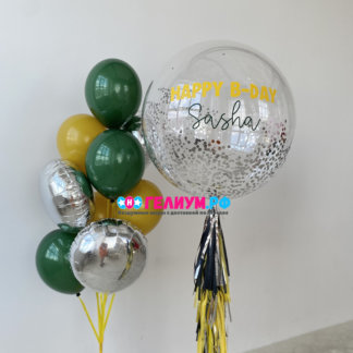 Фонтан из 10 шаров и прозрачный шар с блестками