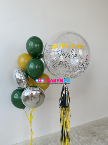 Фонтан из 10 шаров и прозрачный шар с блестками