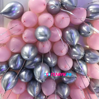 100 шаров под потолок розовые и серебро