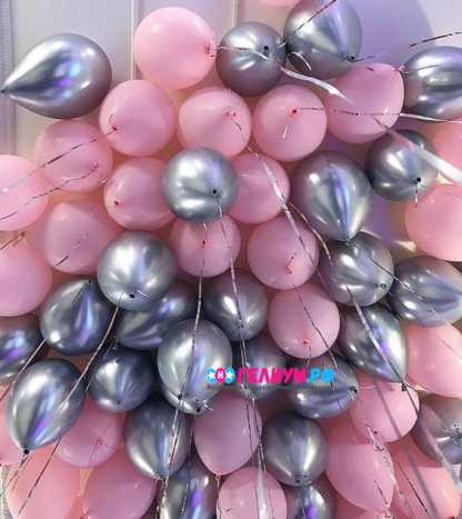 100 шаров под потолок розовые и серебро