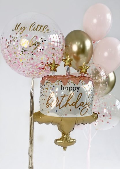 Букет воздушных шаров Торт золото  розовый и конфетти